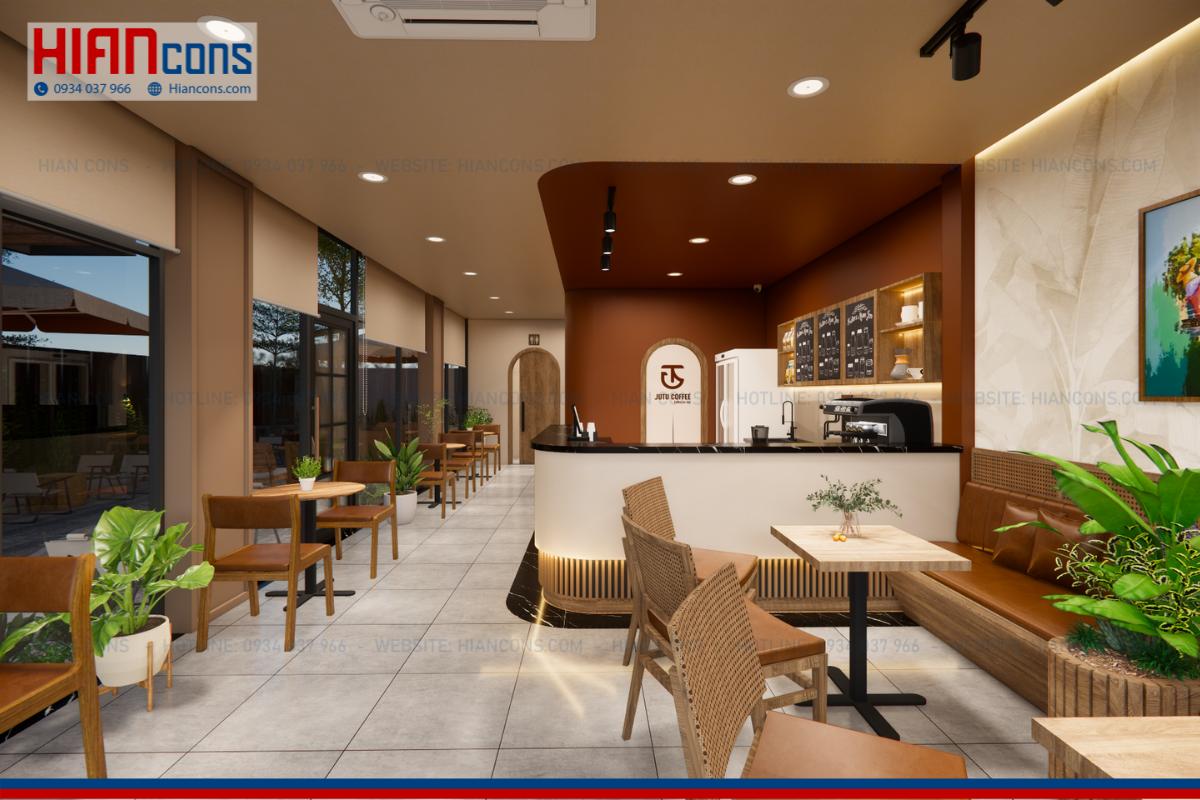 Thiết kế quán cafe khung thép Jutu